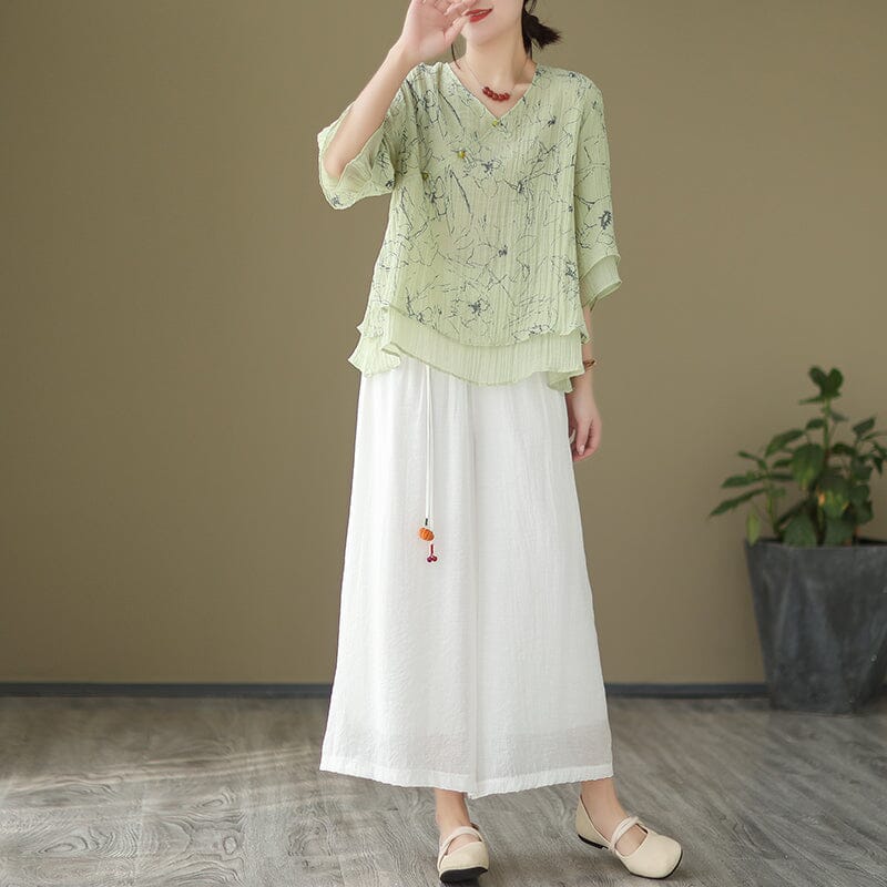 Loose Summer Retro Print Loose Linen Blouse