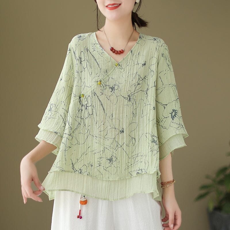 Loose Summer Retro Print Loose Linen Blouse