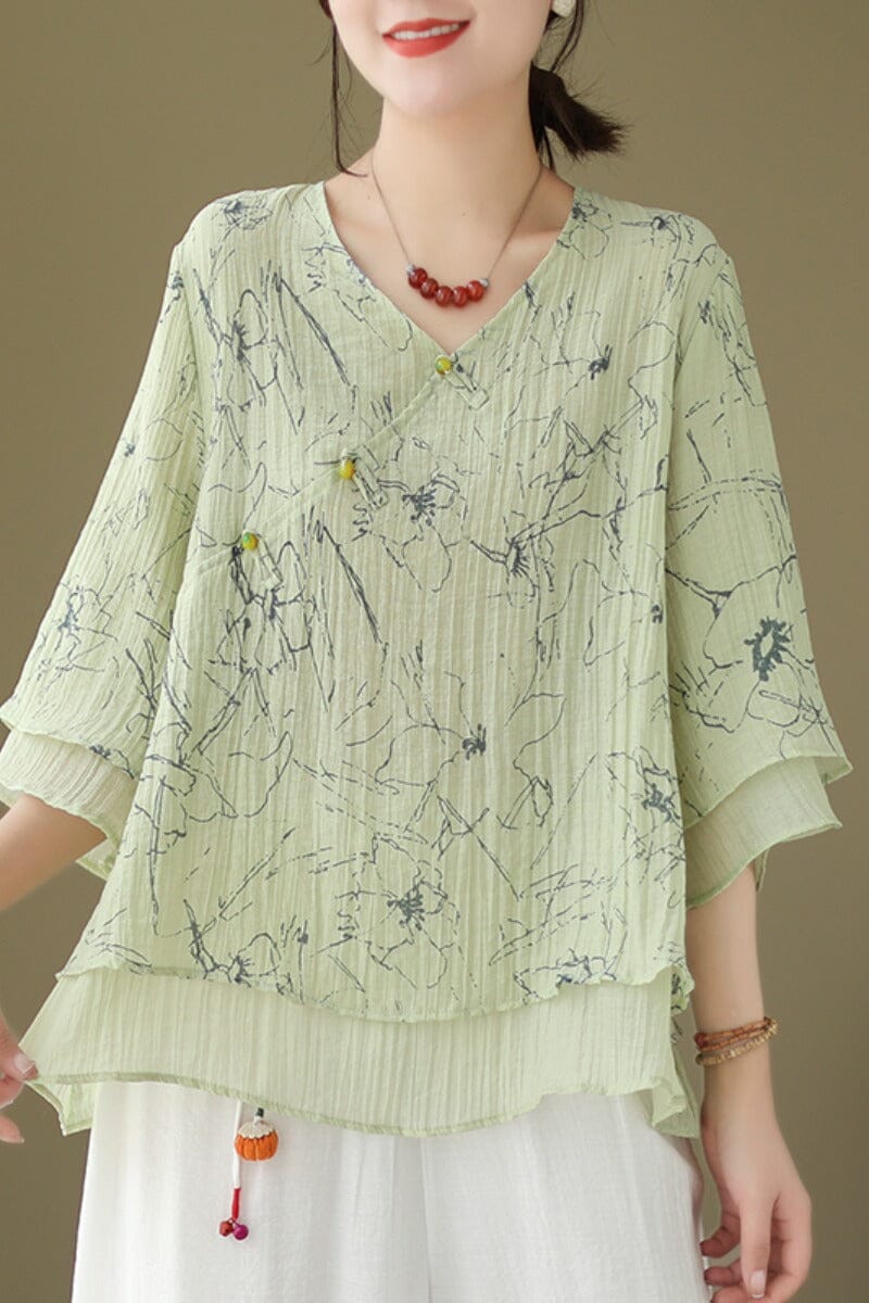 Loose Summer Retro Print Loose Linen Blouse