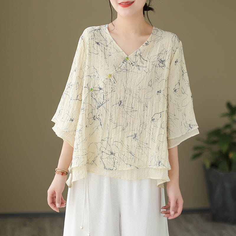 Loose Summer Retro Print Loose Linen Blouse