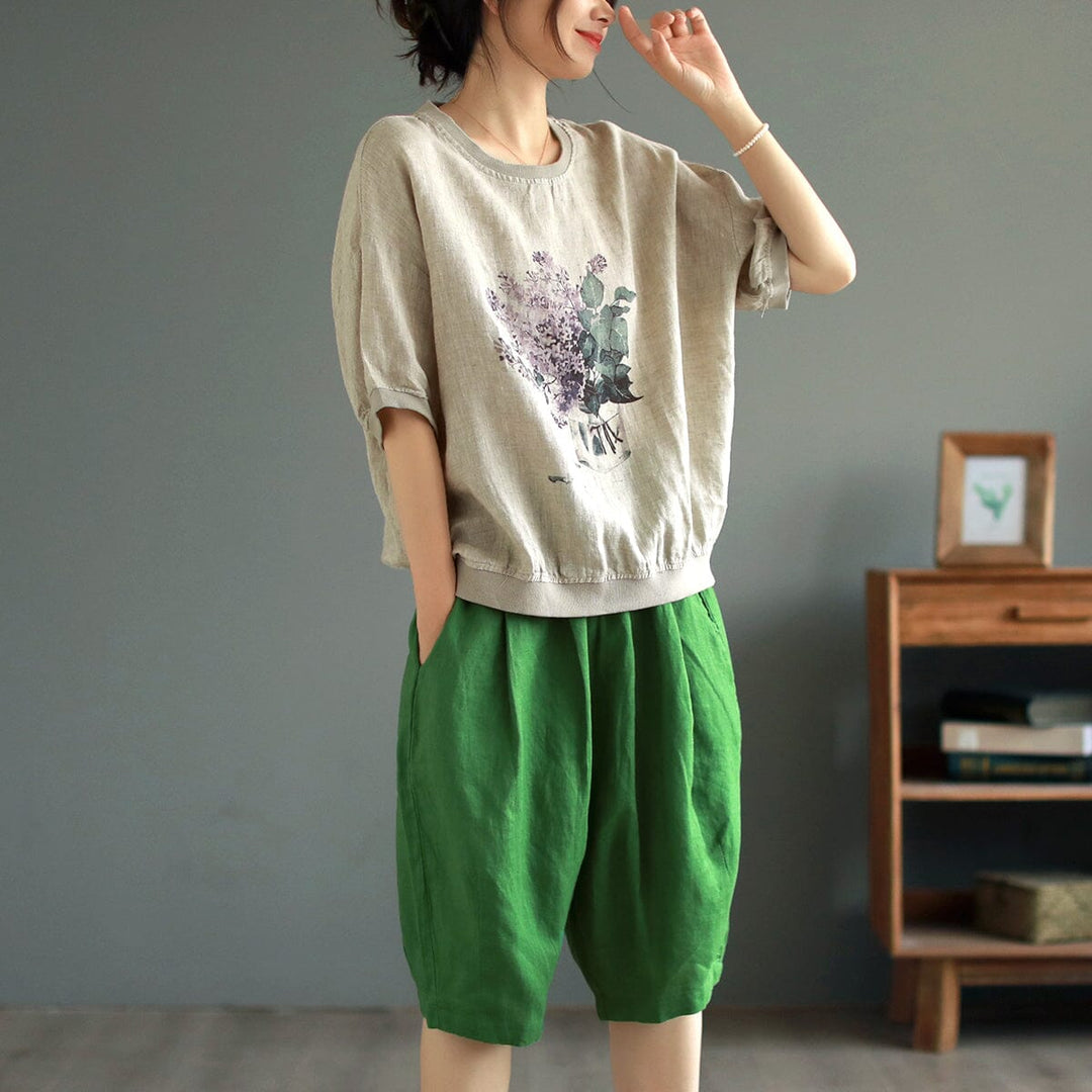 Summer Retro Print Loose Linen Tops