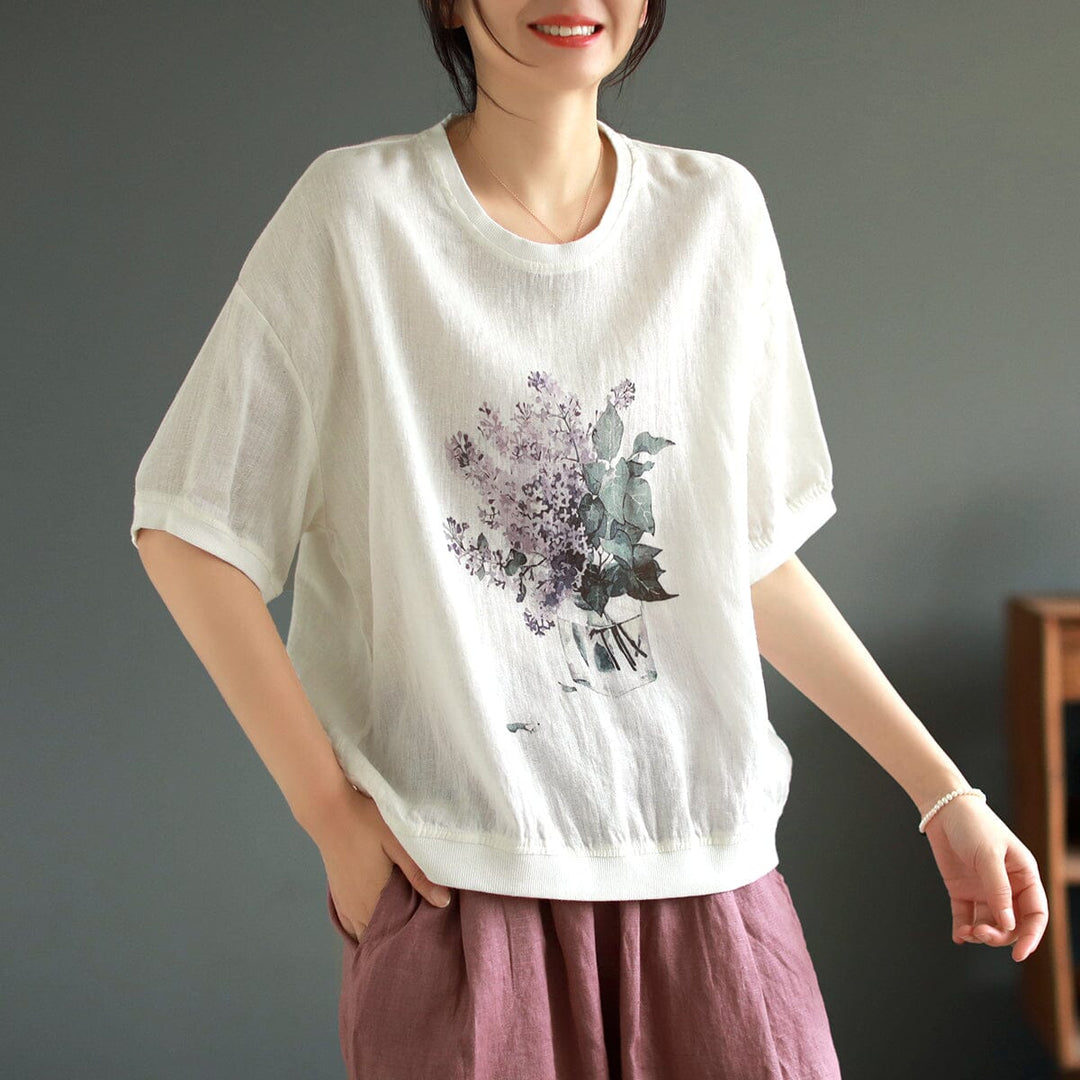 Summer Retro Print Loose Linen Tops