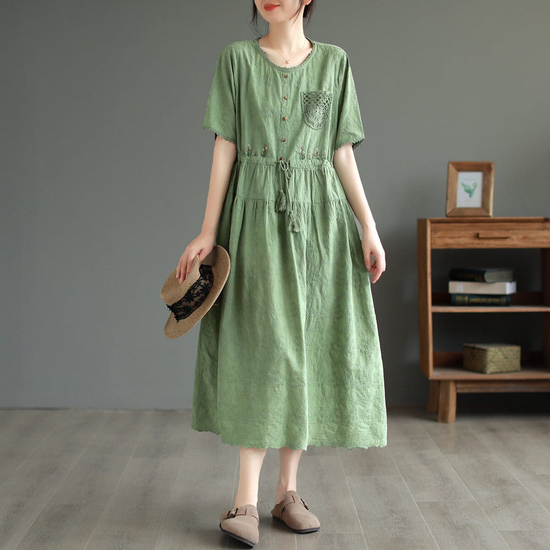 Retro Solid Embroidery Cotton Linen Dress