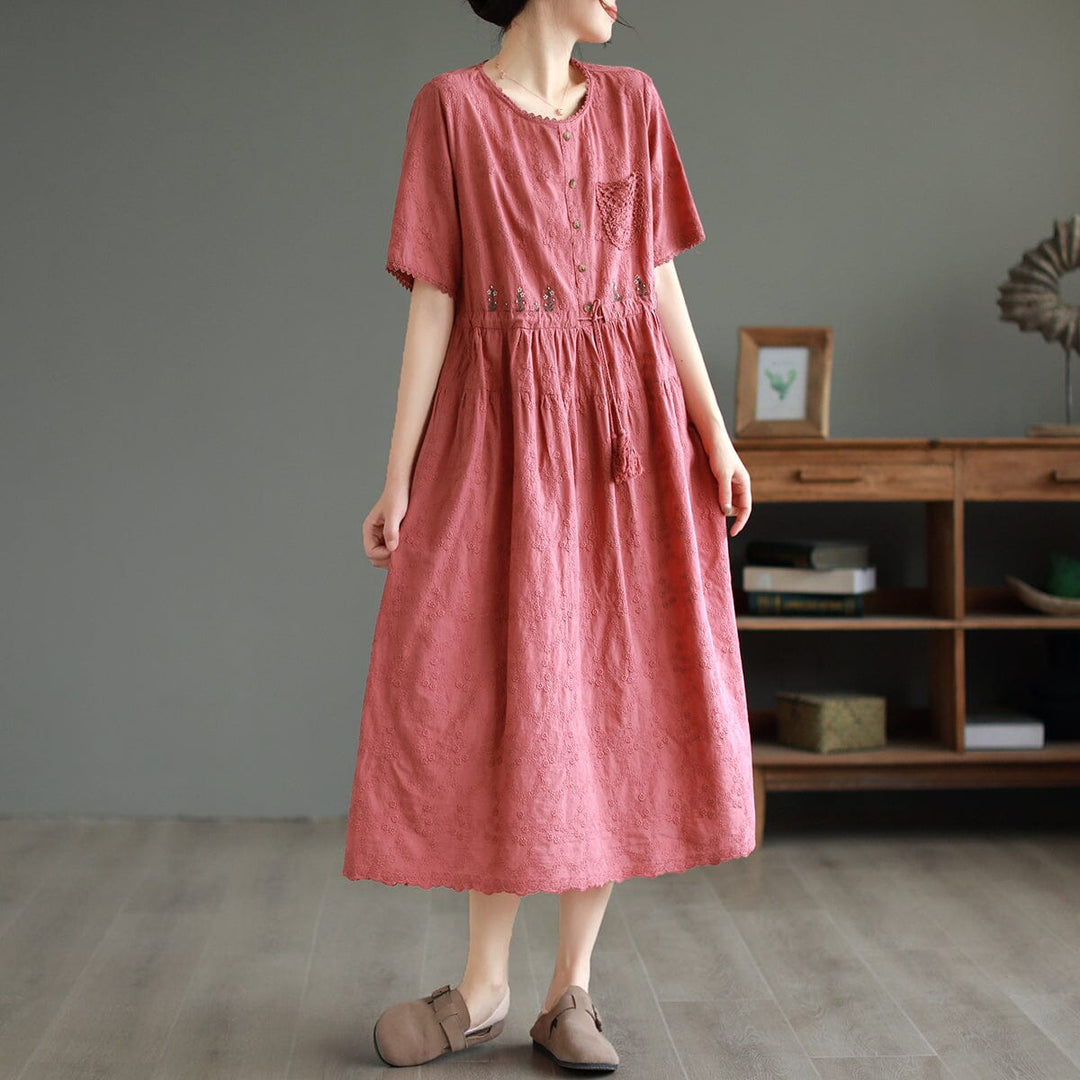 Retro Solid Embroidery Cotton Linen Dress