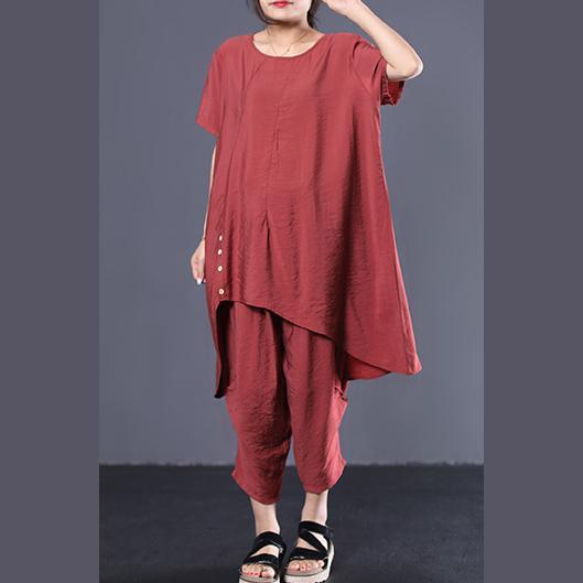 summer silk asymmetric short sleeve tops with women casual pants red two pieces - Omychic