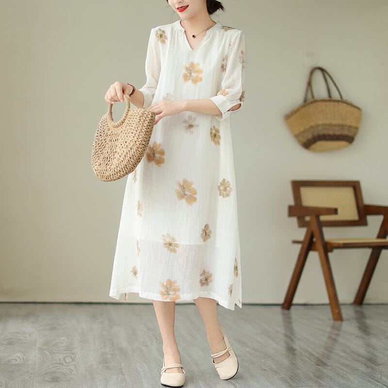 Summer V-Neck Loose Casual White Floral Dress Half Sleeve