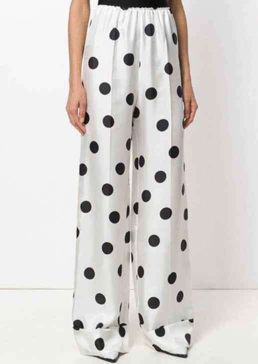 summer white dotted casual trousers elastic waist women wide leg pants - Omychic