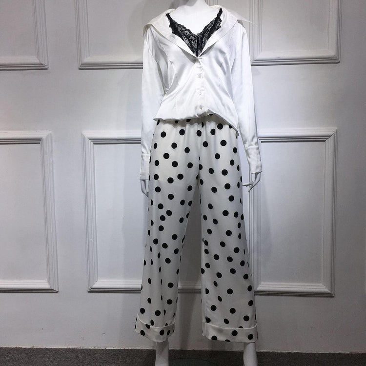 summer white dotted casual trousers elastic waist women wide leg pants - Omychic