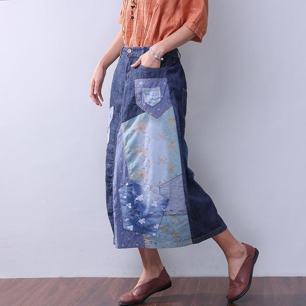 Casual Summer Women Denim Applique Blue Skirt