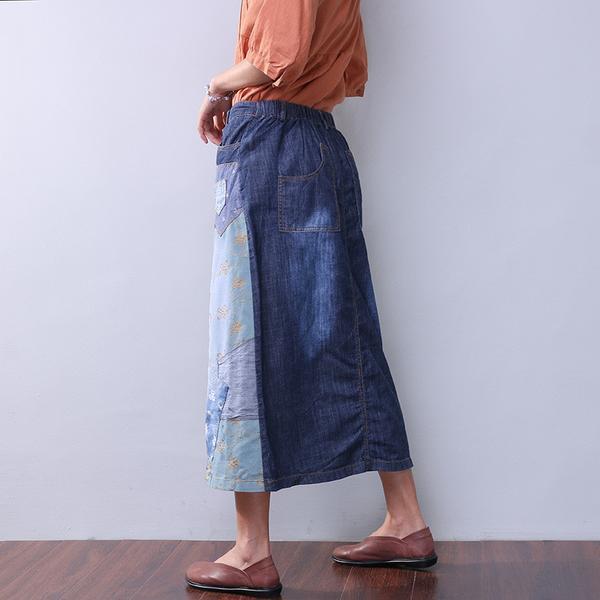 Casual Summer Women Denim Applique Blue Skirt