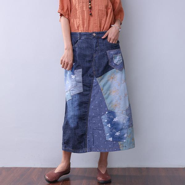 Casual Summer Women Denim Applique Blue Skirt