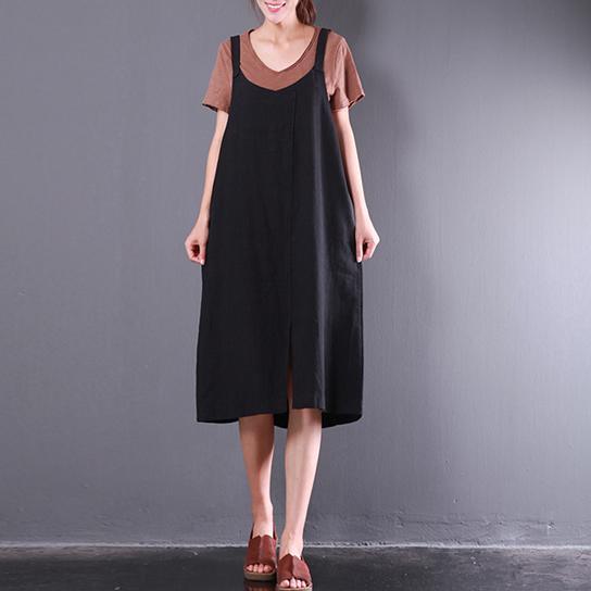 summer baggy loose black casual linen dresses plus size sundress sleeveless maxi dress front side open - Omychic