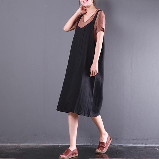 summer baggy loose black casual linen dresses plus size sundress sleeveless maxi dress front side open - Omychic