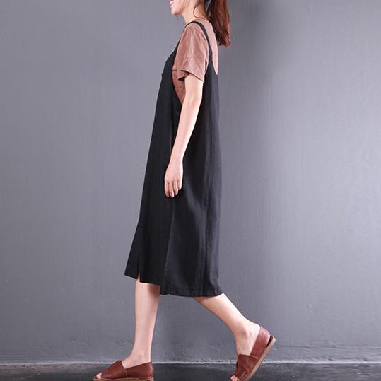 summer baggy loose black casual linen dresses plus size sundress sleeveless maxi dress front side open - Omychic