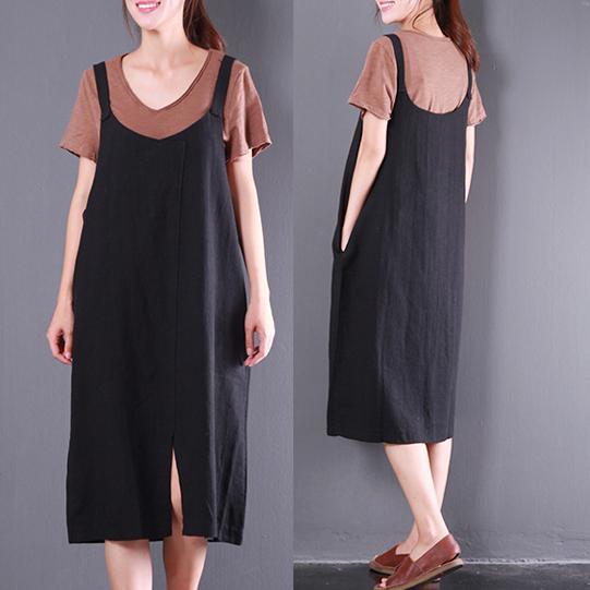 summer baggy loose black casual linen dresses plus size sundress sleeveless maxi dress front side open - Omychic