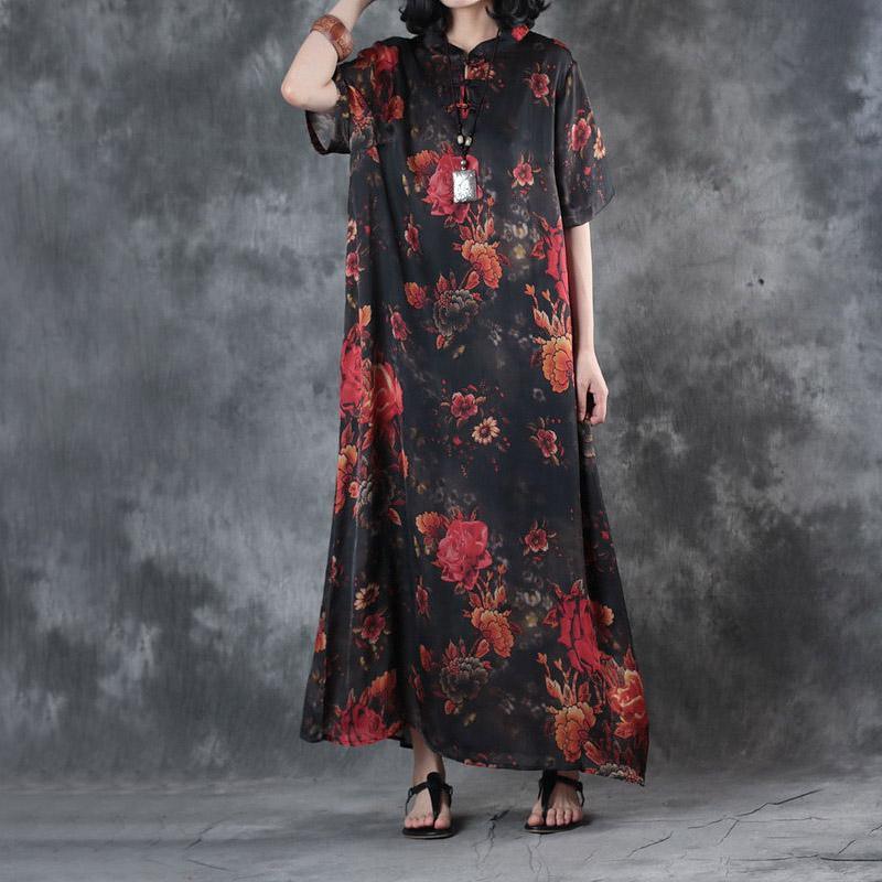 summer baggy red print silk dresses plus size vintage sundress short sleeve maxi dress - Omychic