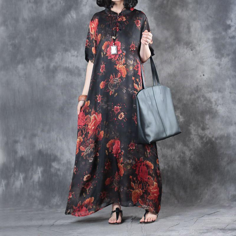 summer baggy red print silk dresses plus size vintage sundress short sleeve maxi dress - Omychic