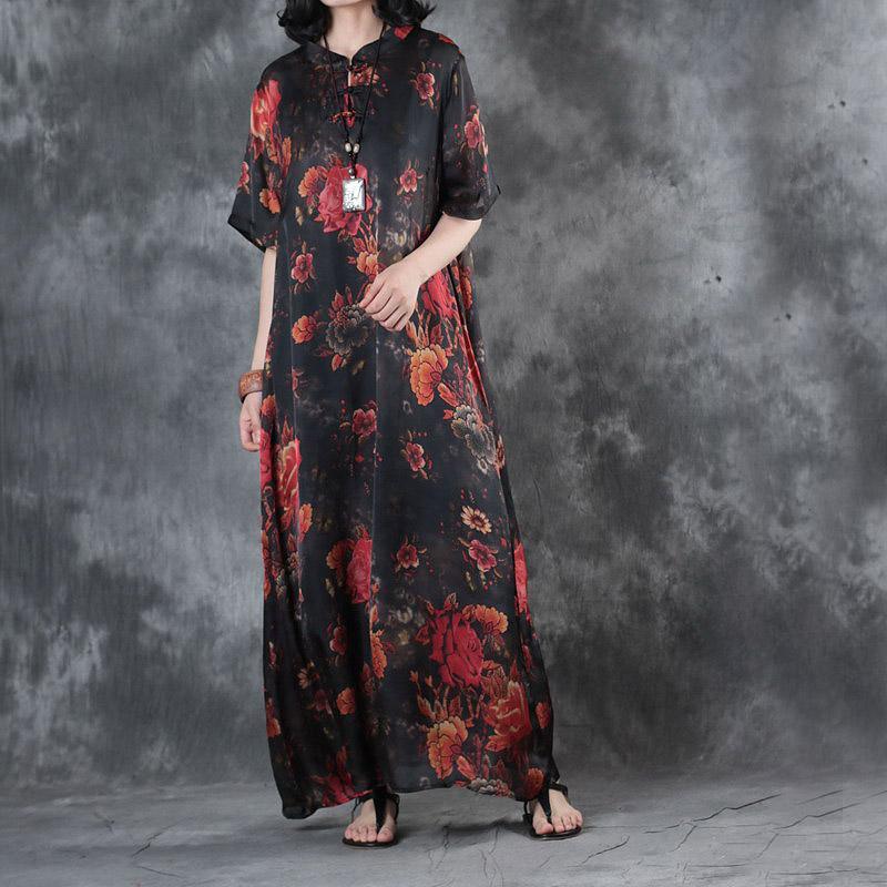 summer baggy red print silk dresses plus size vintage sundress short sleeve maxi dress - Omychic