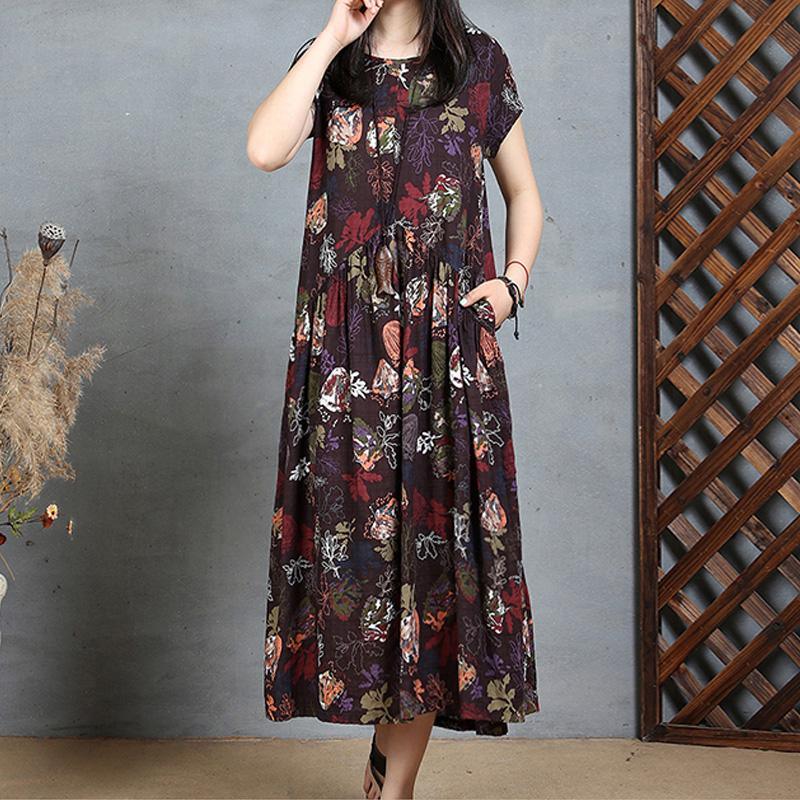 summer black floral cotton dresses plus size vintage sundress short sleeve maxi dress - Omychic