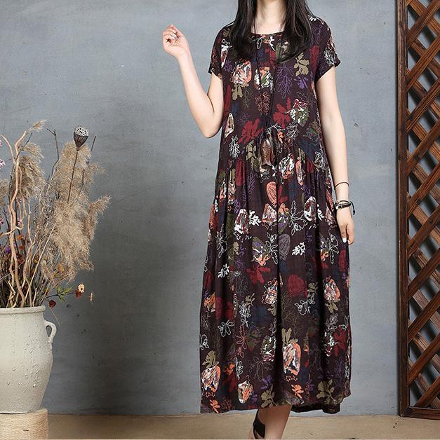 summer black floral cotton dresses plus size vintage sundress short sleeve maxi dress - Omychic