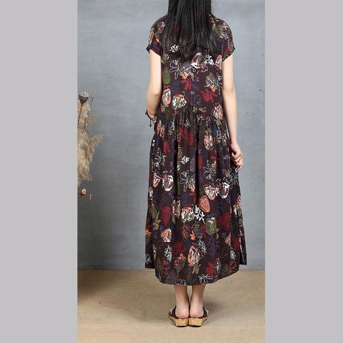 summer black floral cotton dresses plus size vintage sundress short sleeve maxi dress - Omychic