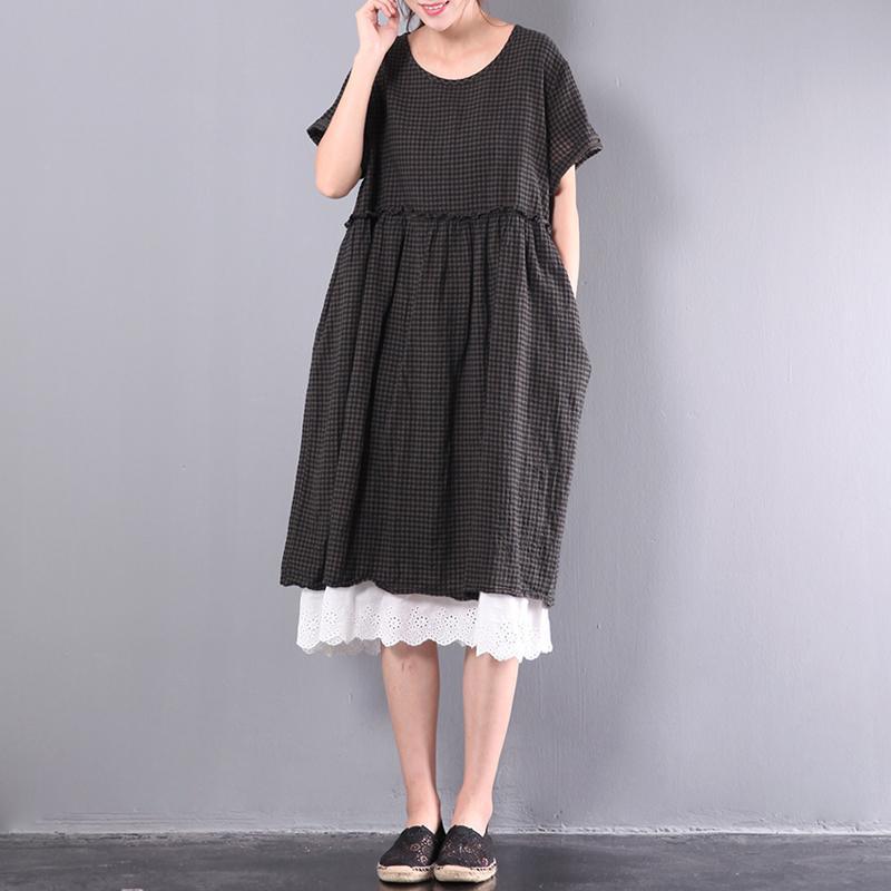 summer black plaid lace patchwork cotton dresses plus size casual sundress short sleeve maxi dress - Omychic