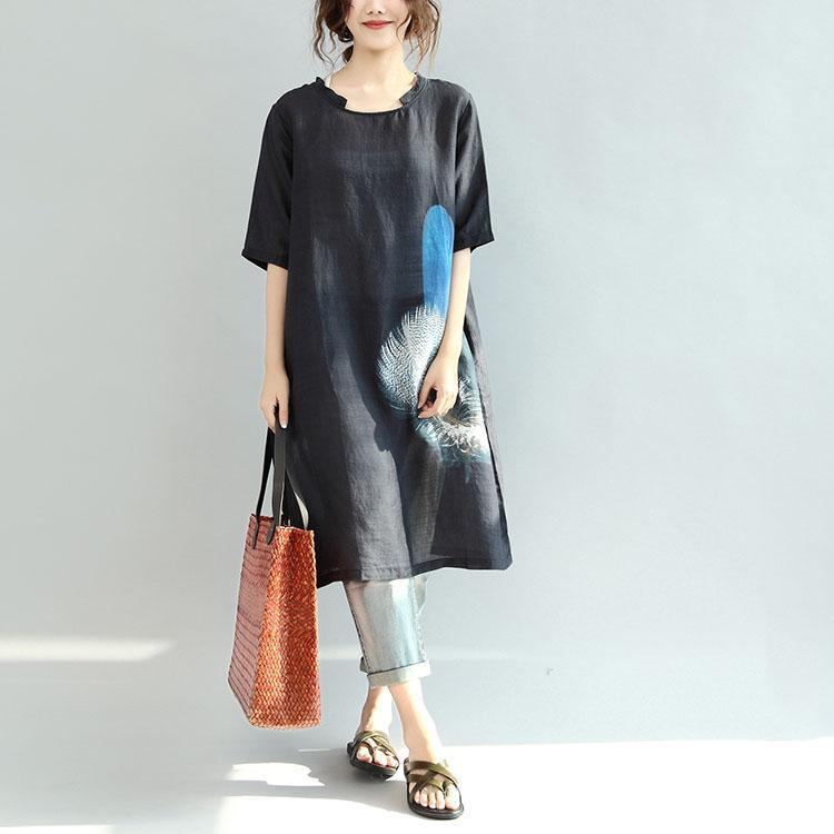 summer black prints casual linen sundress baggy loose stylish mid dresses short sleeve dress - Omychic