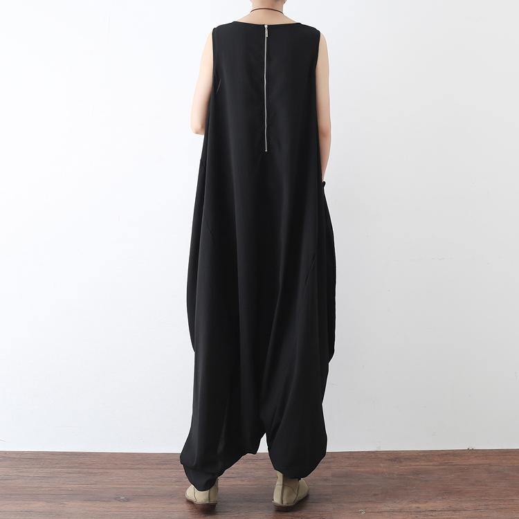 summer black stylish chiffon sleeveless jumpsuit pants plus size casual crop harem pants - Omychic