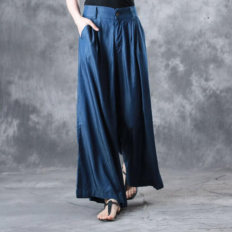 summer blue stylish silk pants loose draping wide leg pants - Omychic