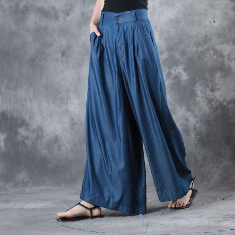 summer blue stylish silk pants loose draping wide leg pants - Omychic