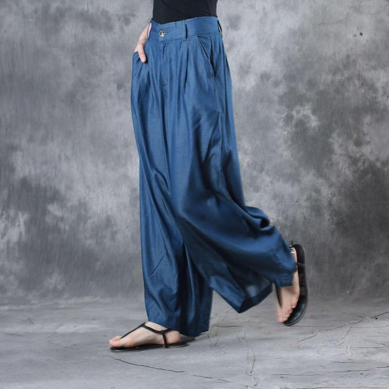 summer blue stylish silk pants loose draping wide leg pants - Omychic