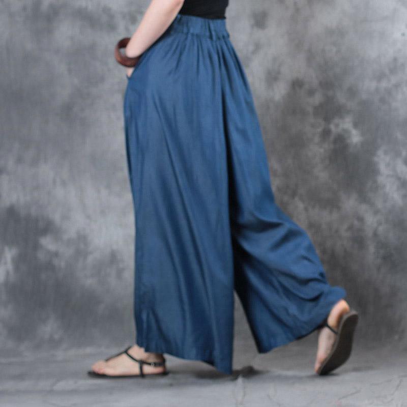 summer blue stylish silk pants loose draping wide leg pants - Omychic