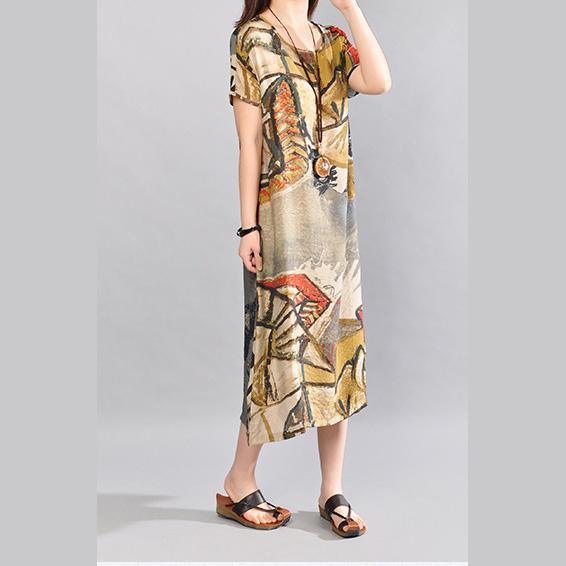 summer brown floral linen sundress oversize casual dress vintage o neck maxi dress - Omychic