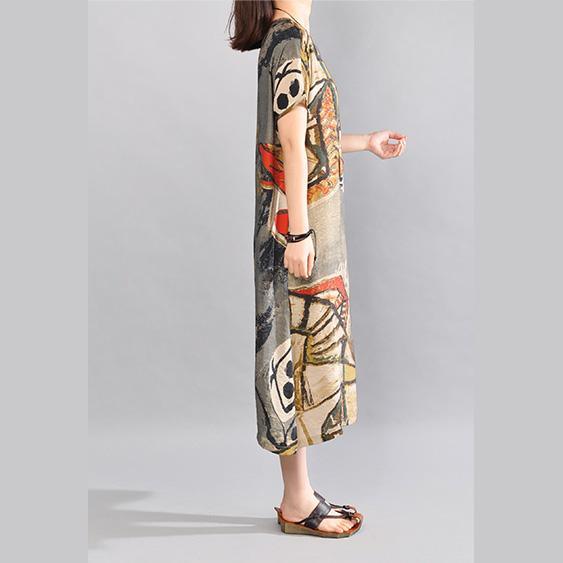 summer brown floral linen sundress oversize casual dress vintage o neck maxi dress - Omychic