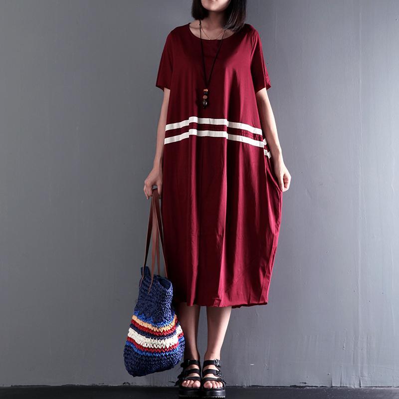 summer burgundy short sleeve maxi dresses plus size cotton dress casual gowns - Omychic