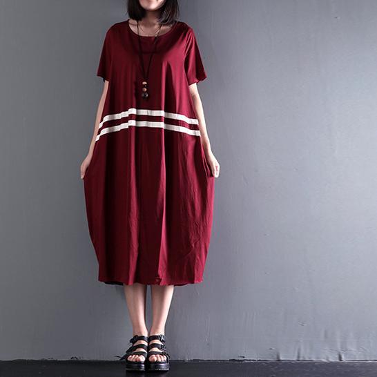 summer burgundy short sleeve maxi dresses plus size cotton dress casual gowns - Omychic