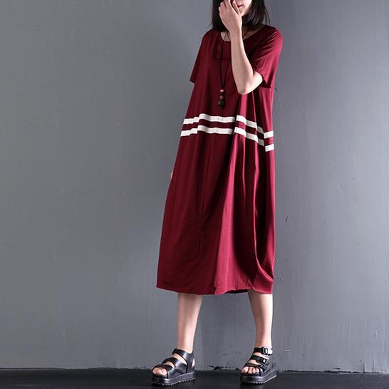 summer burgundy short sleeve maxi dresses plus size cotton dress casual gowns - Omychic