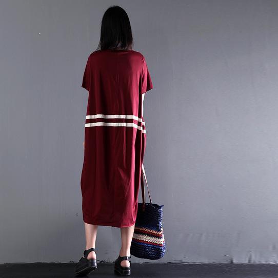 summer burgundy short sleeve maxi dresses plus size cotton dress casual gowns - Omychic