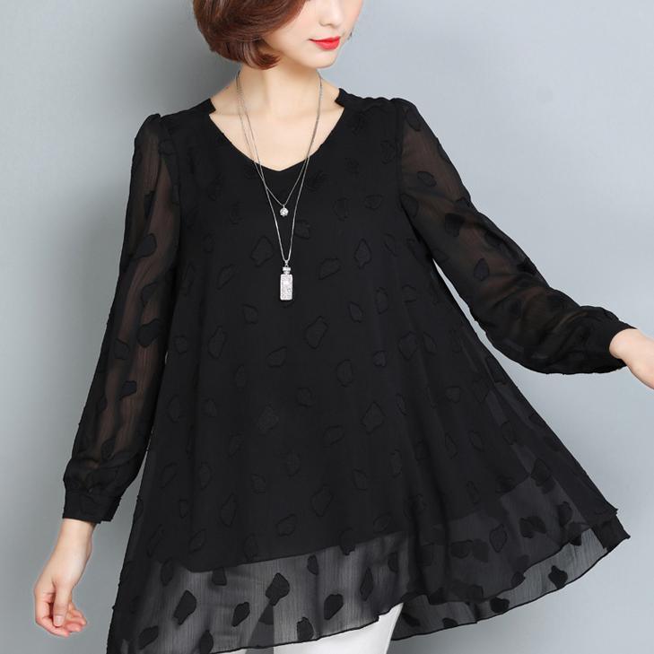 summer casual black lace t shirt loose fashion long sleeve tops - Omychic