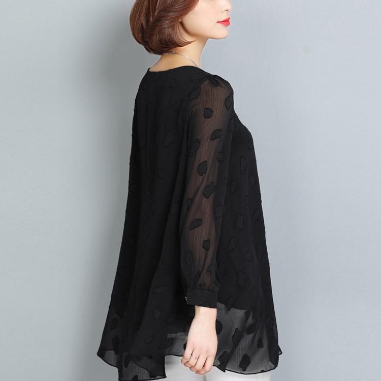 summer casual black lace t shirt loose fashion long sleeve tops - Omychic