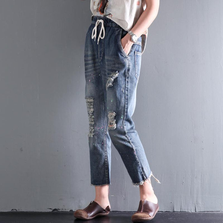 summer casual jeans plus size drawstring trousers women vintage straight pants - Omychic