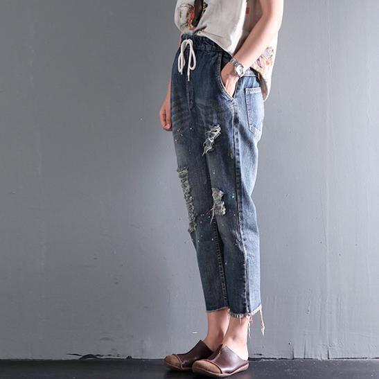 summer casual jeans plus size drawstring trousers women vintage straight pants - Omychic