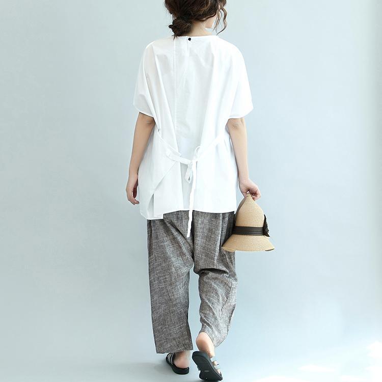 summer casual white cotton blouse oversize drawstring short sleeve t shirt - Omychic