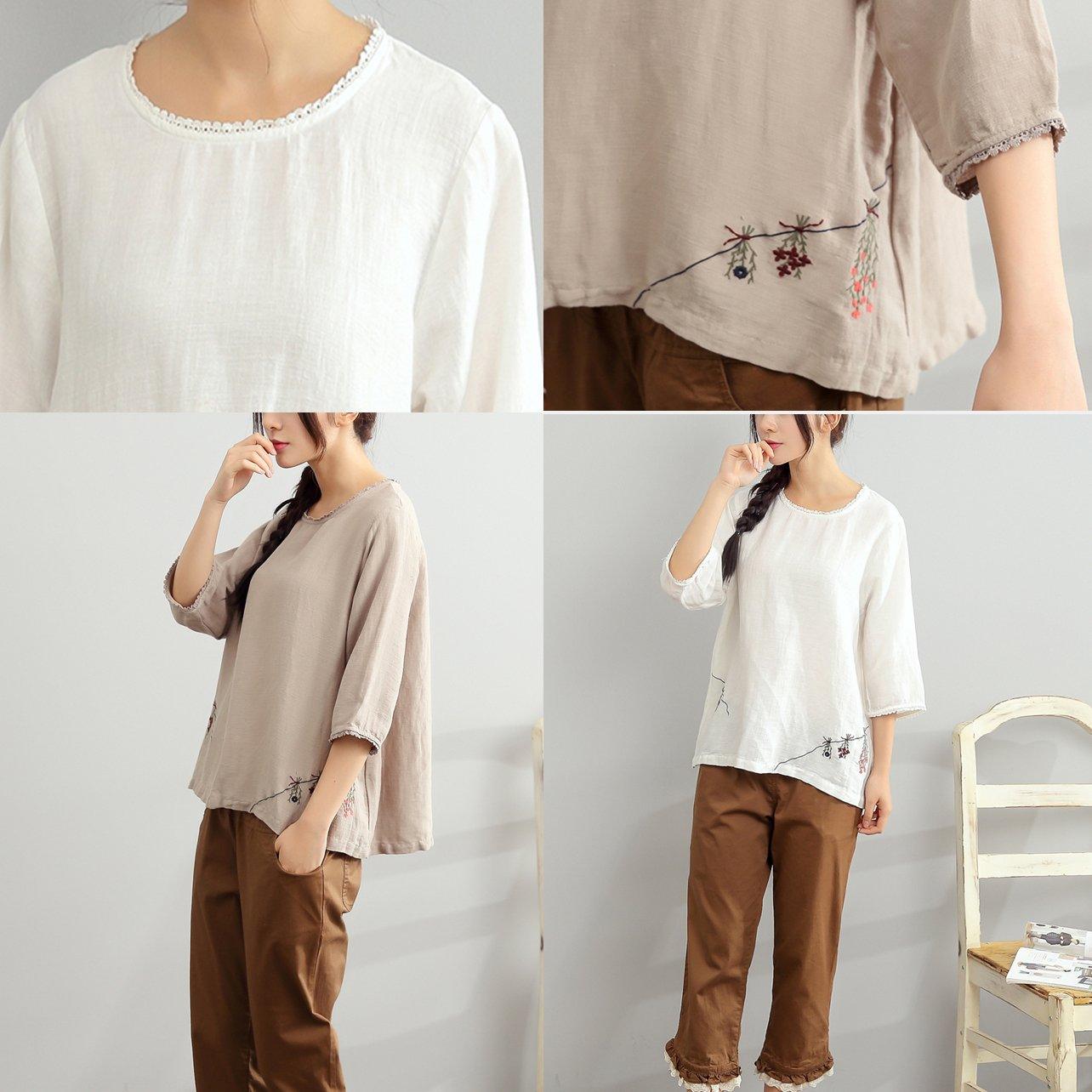 summer embroidery linen shirt loose casual blouse bracelet sleeved tops - Omychic