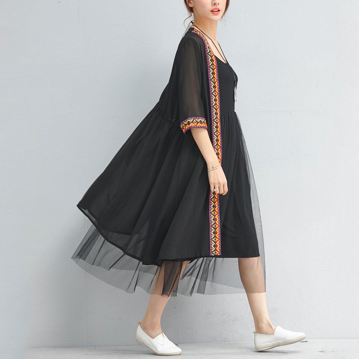 summer fashion black chiffon coat plus size embroidery sundress half sleeve cardigan - Omychic