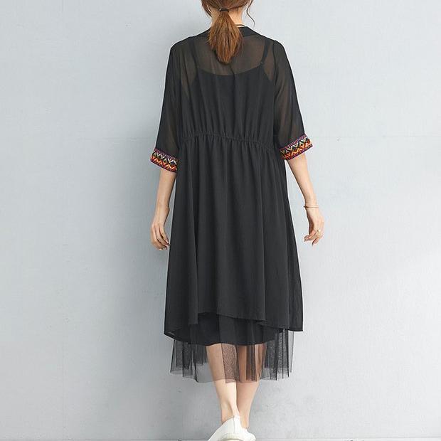 summer fashion black chiffon coat plus size embroidery sundress half sleeve cardigan - Omychic