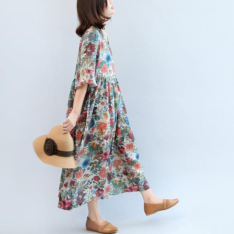 Summer Floral Casual Linen Sundress Oversize High Waist Dresses Bracelet Sleeved Maxi Dress - Omychic