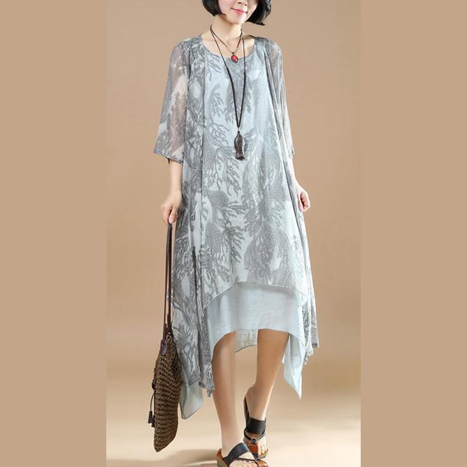 summer gray prints cotton polyester two pieces layered maxi dresses and half sleeve cardigans - Omychic