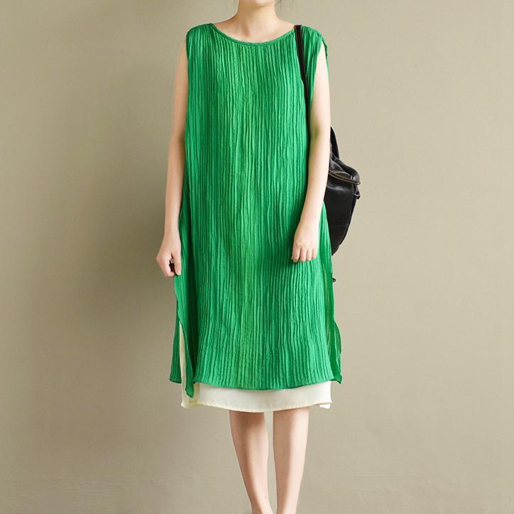summer green layered stylish cotton dresses plus size casual sundress sleeveless mid dress side open - Omychic