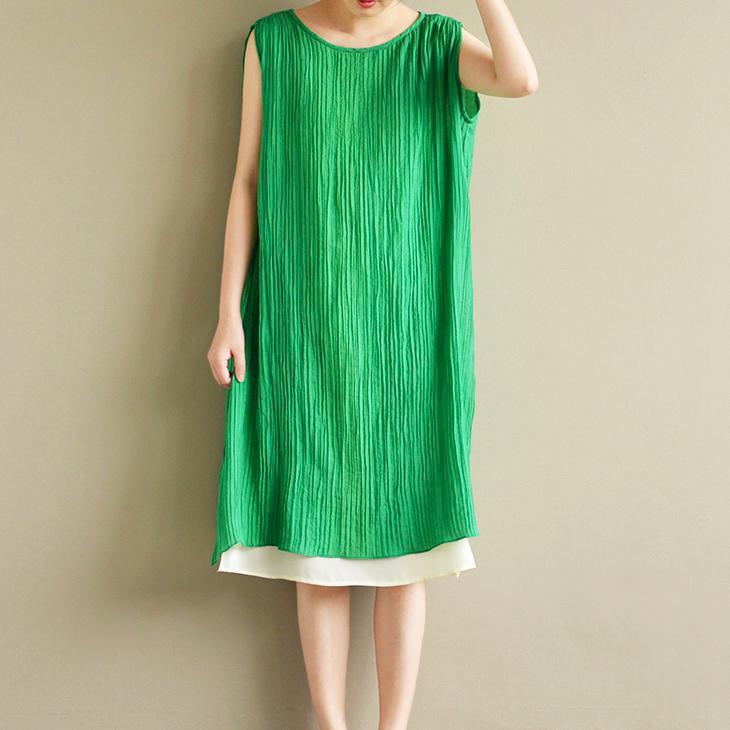 summer green layered stylish cotton dresses plus size casual sundress sleeveless mid dress side open - Omychic